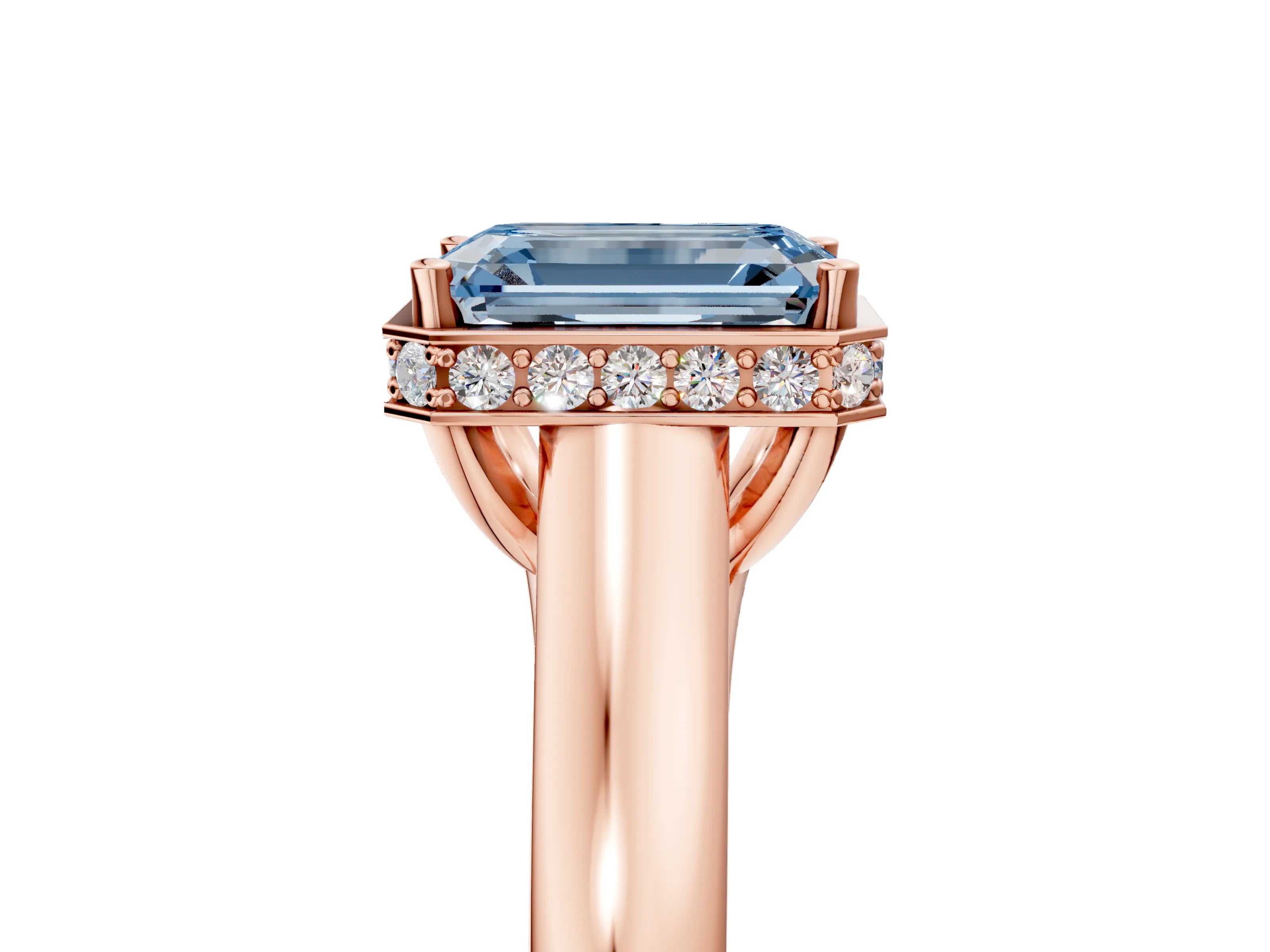 Rose gold Fancy Blue Emerald Cut Solitaire Diamond Engagement Ring with Four-Prong Setting and Tapered Band_5