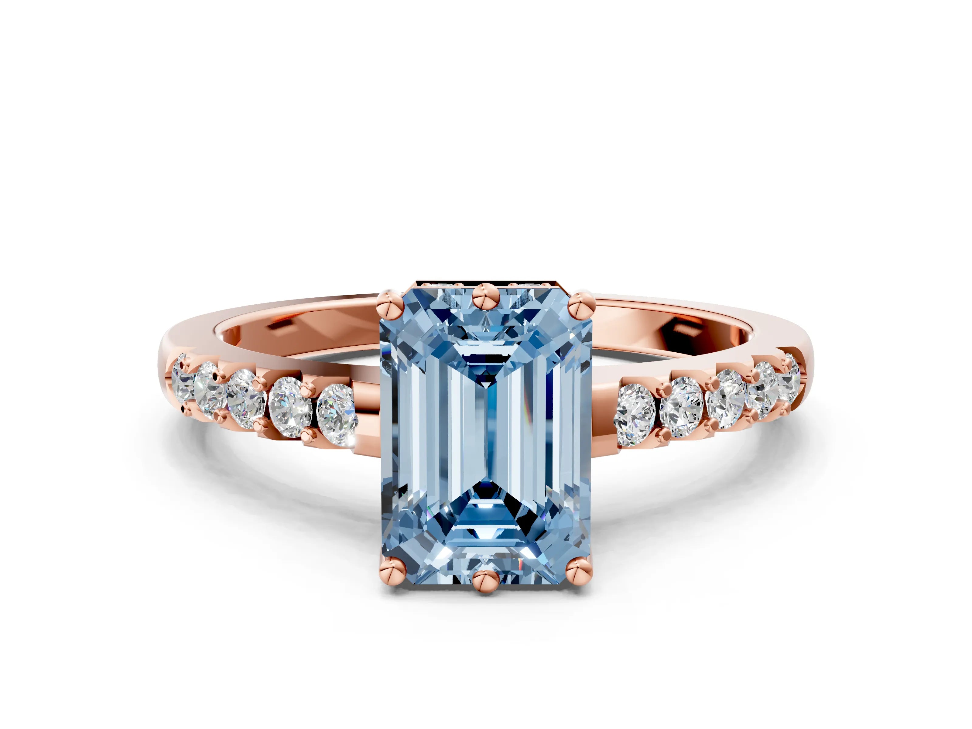 Rose gold Fancy Blue Emerald Cut Solitaire Diamond Engagement Ring with Pavé Band and Six-Prong Setting_12