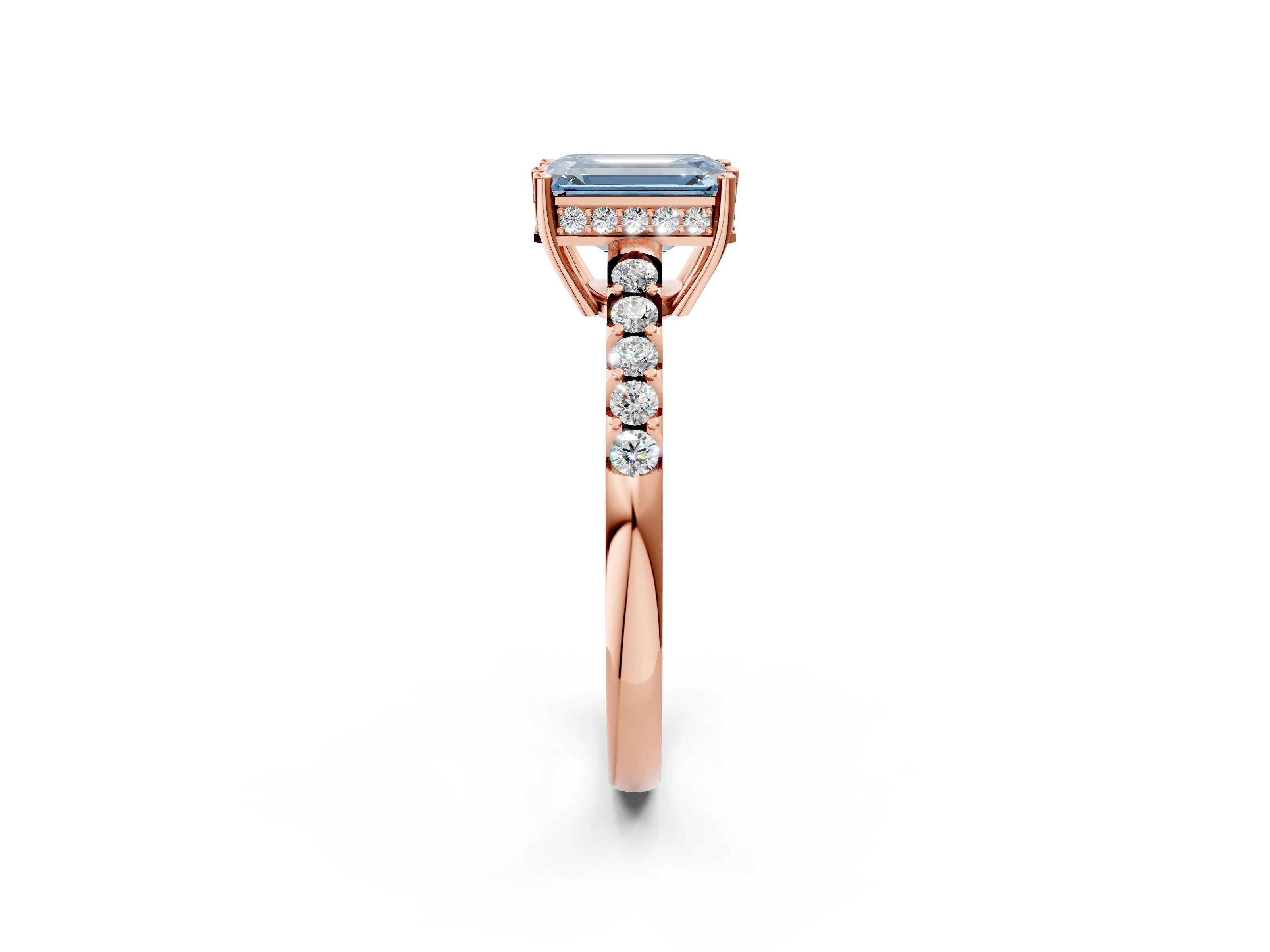 Rose gold Fancy Blue Emerald Cut Solitaire Diamond Engagement Ring with Pavé Band and Six-Prong Setting_14