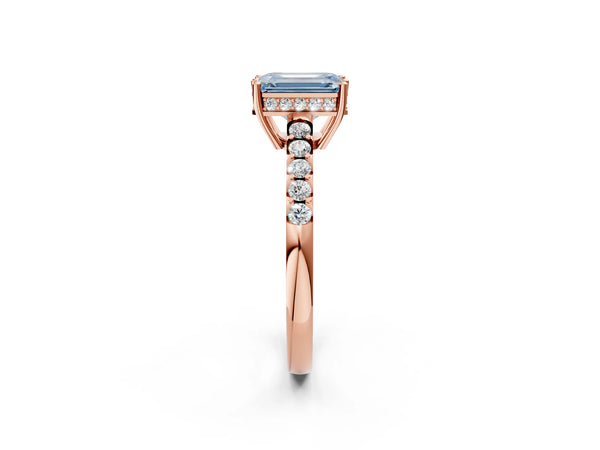 Rose gold Fancy Blue Emerald Cut Solitaire Diamond Engagement Ring with Pavé Band and Six-Prong Setting