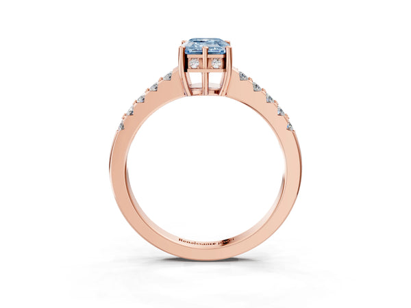Rose gold Fancy Blue Emerald Cut Solitaire Diamond Engagement Ring with Pavé Band and Six-Prong Setting