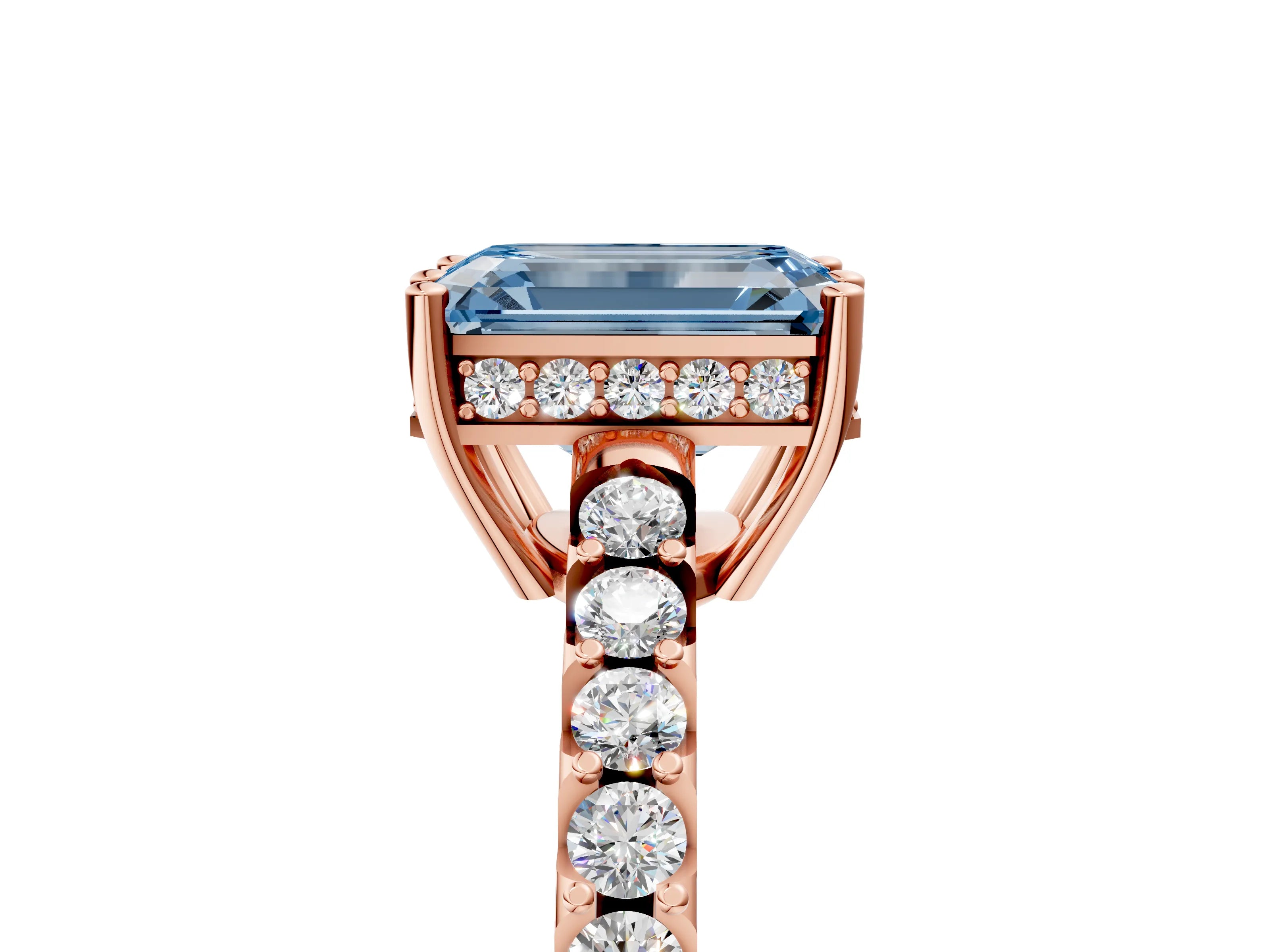 Rose gold Fancy Blue Emerald Cut Solitaire Diamond Engagement Ring with Pavé Band and Six-Prong Setting_17