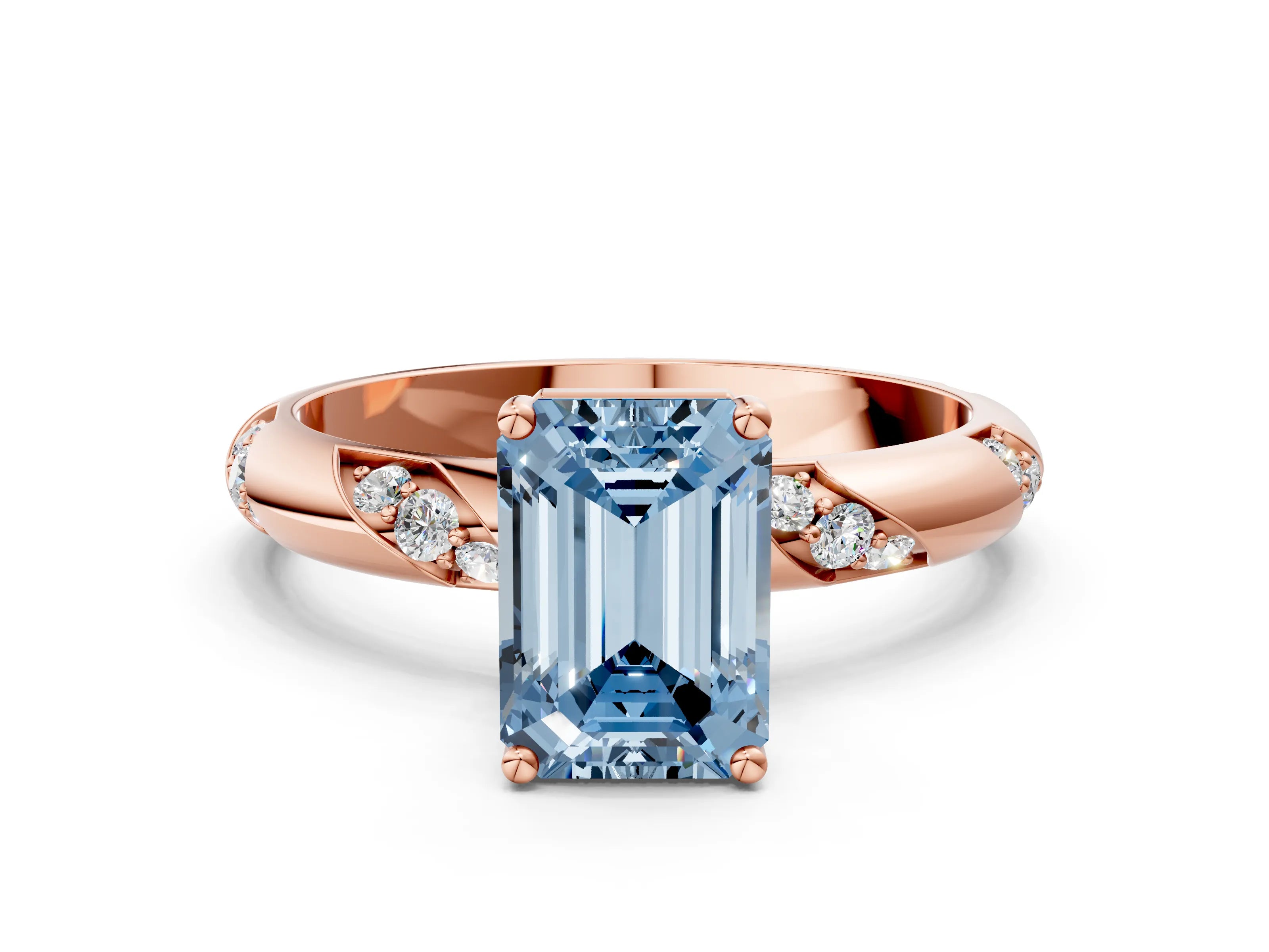 Rose gold Fancy Blue Emerald Cut Solitaire Diamond Engagement Ring with Twisted Pave Band and Four-Prong Setting_3