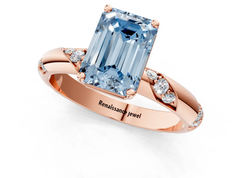 Rose gold Fancy Blue Emerald Cut Solitaire Diamond Engagement Ring with Twisted Pave Band and Four-Prong Setting_4