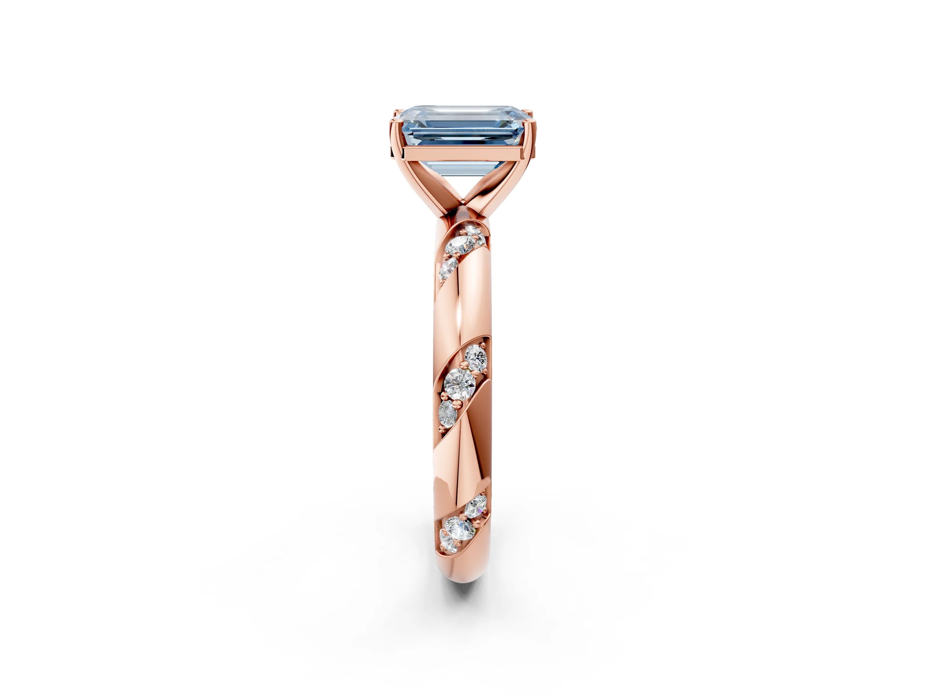 Rose gold Fancy Blue Emerald Cut Solitaire Diamond Engagement Ring with Twisted Pave Band and Four-Prong Setting_5