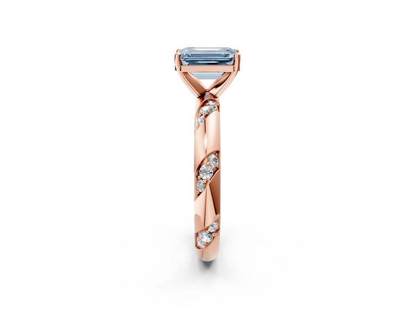 Rose gold Fancy Blue Emerald Cut Solitaire Diamond Engagement Ring with Twisted Pave Band and Four-Prong Setting