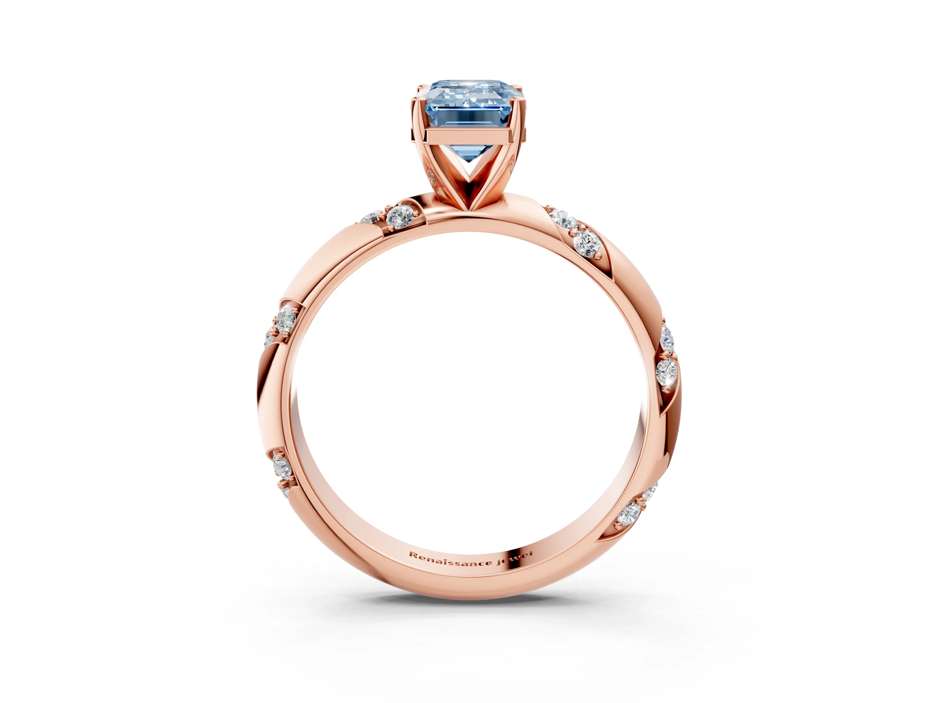 Rose gold Fancy Blue Emerald Cut Solitaire Diamond Engagement Ring with Twisted Pave Band and Four-Prong Setting_6
