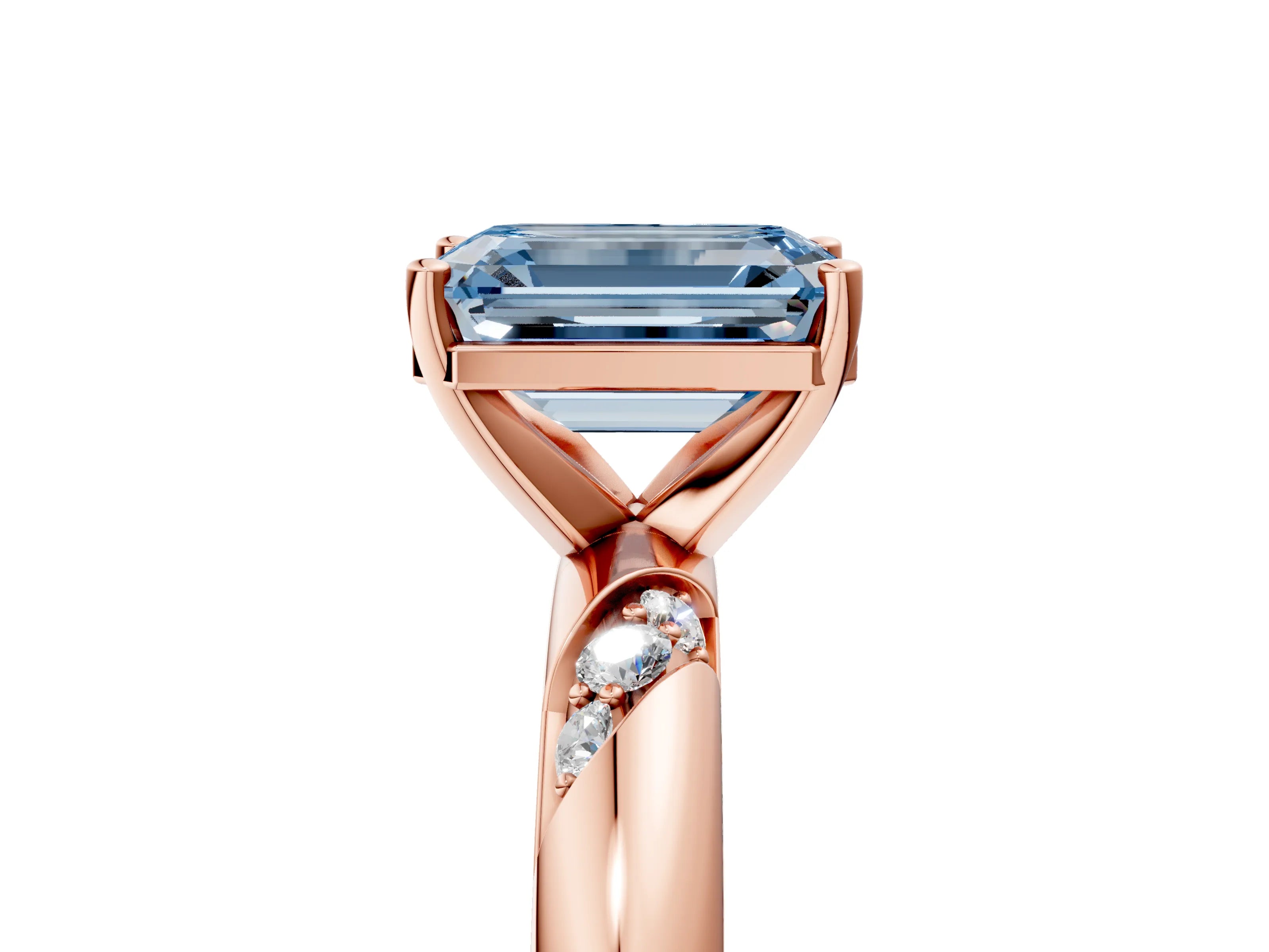 Rose gold Fancy Blue Emerald Cut Solitaire Diamond Engagement Ring with Twisted Pave Band and Four-Prong Setting_8