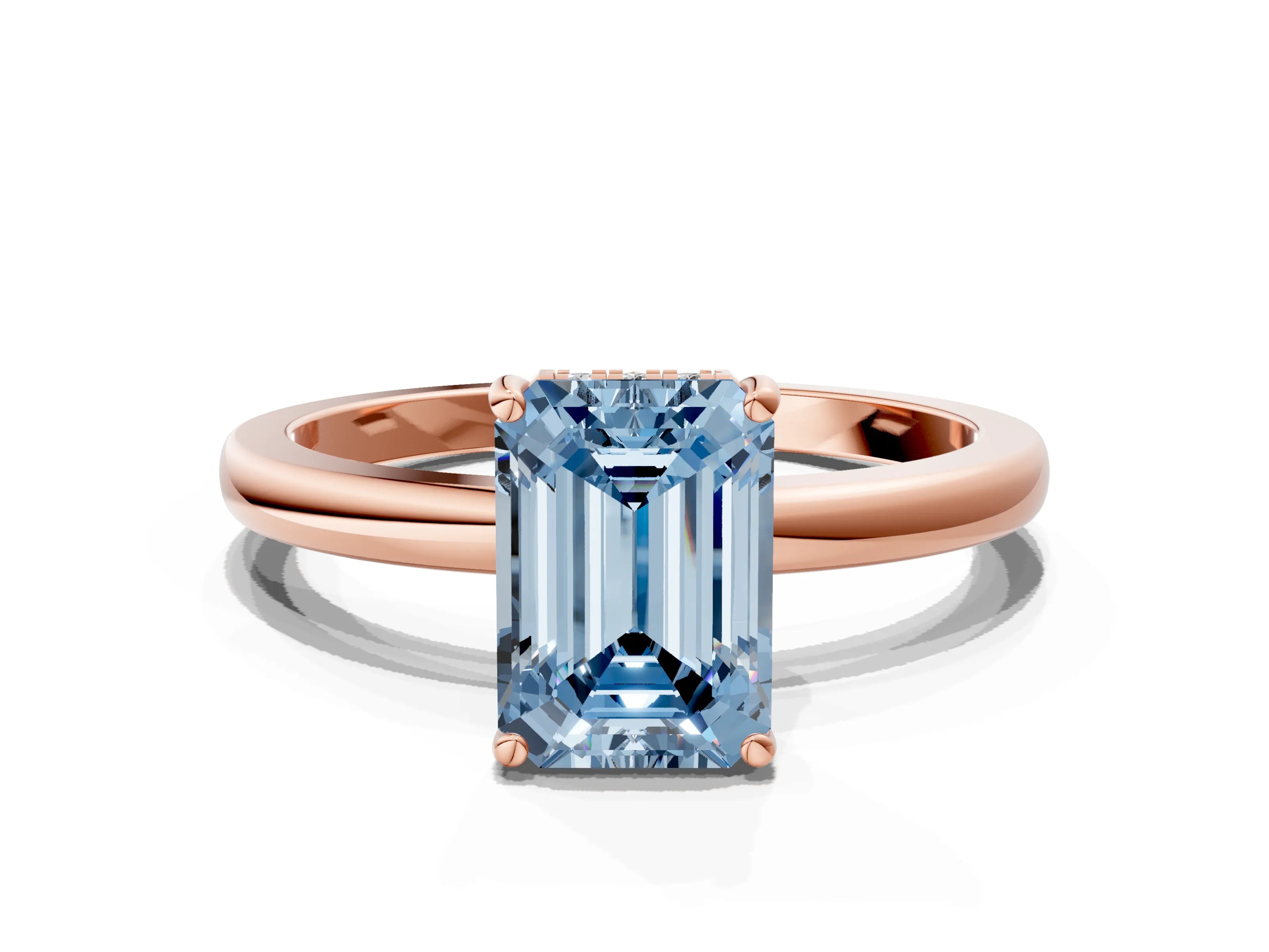 Rose gold Fancy Blue Emerald Cut Solitaire Diamond Ring with Prong Setting and Plain Band