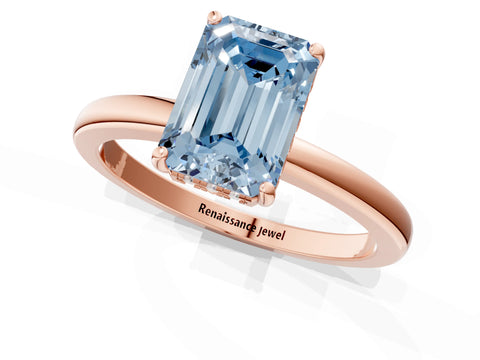 Rose gold Fancy Blue Emerald Cut Solitaire Diamond Ring with Prong Setting and Plain Band_1