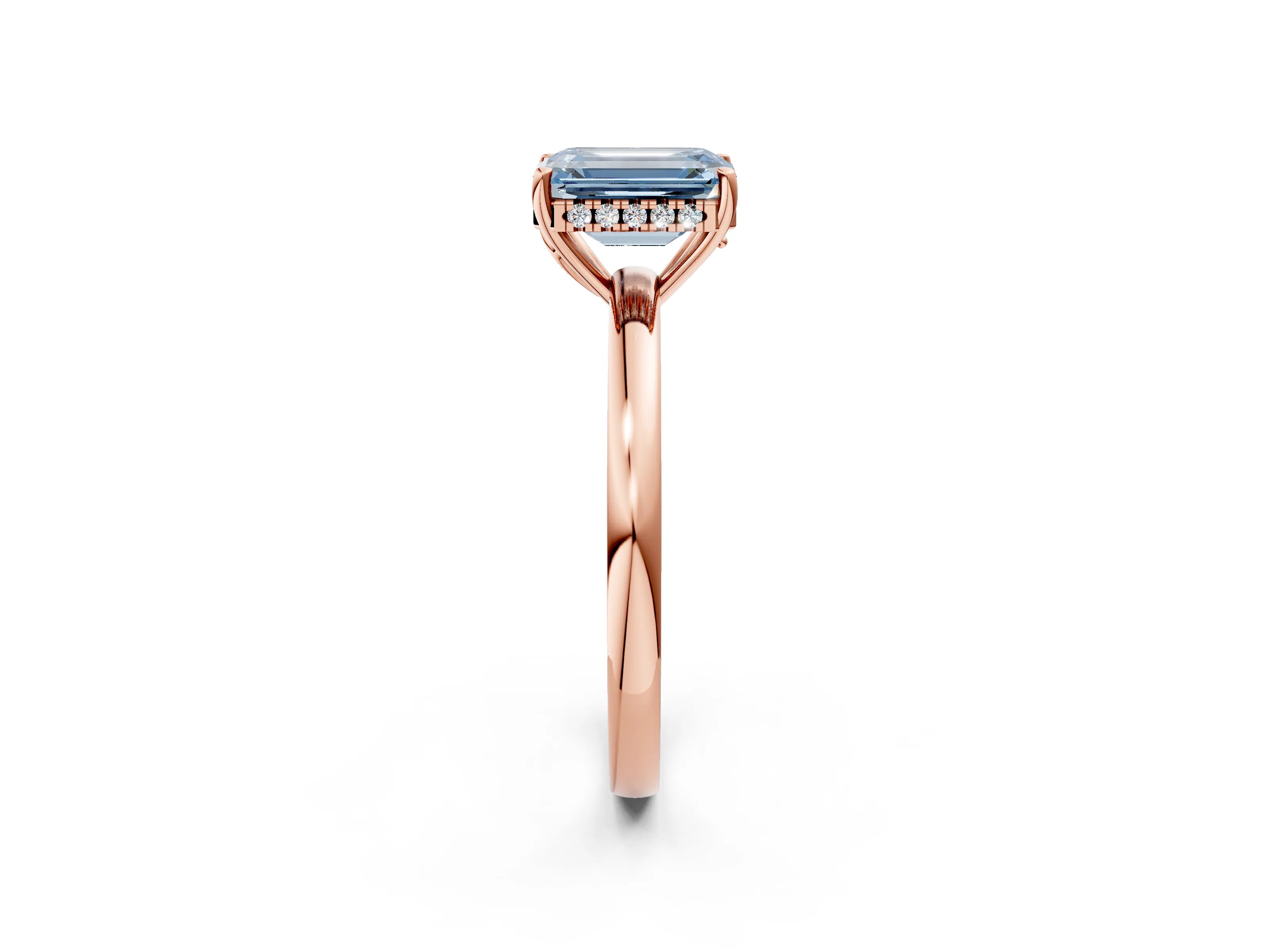 Rose gold Fancy Blue Emerald Cut Solitaire Diamond Ring with Prong Setting and Plain Band_2