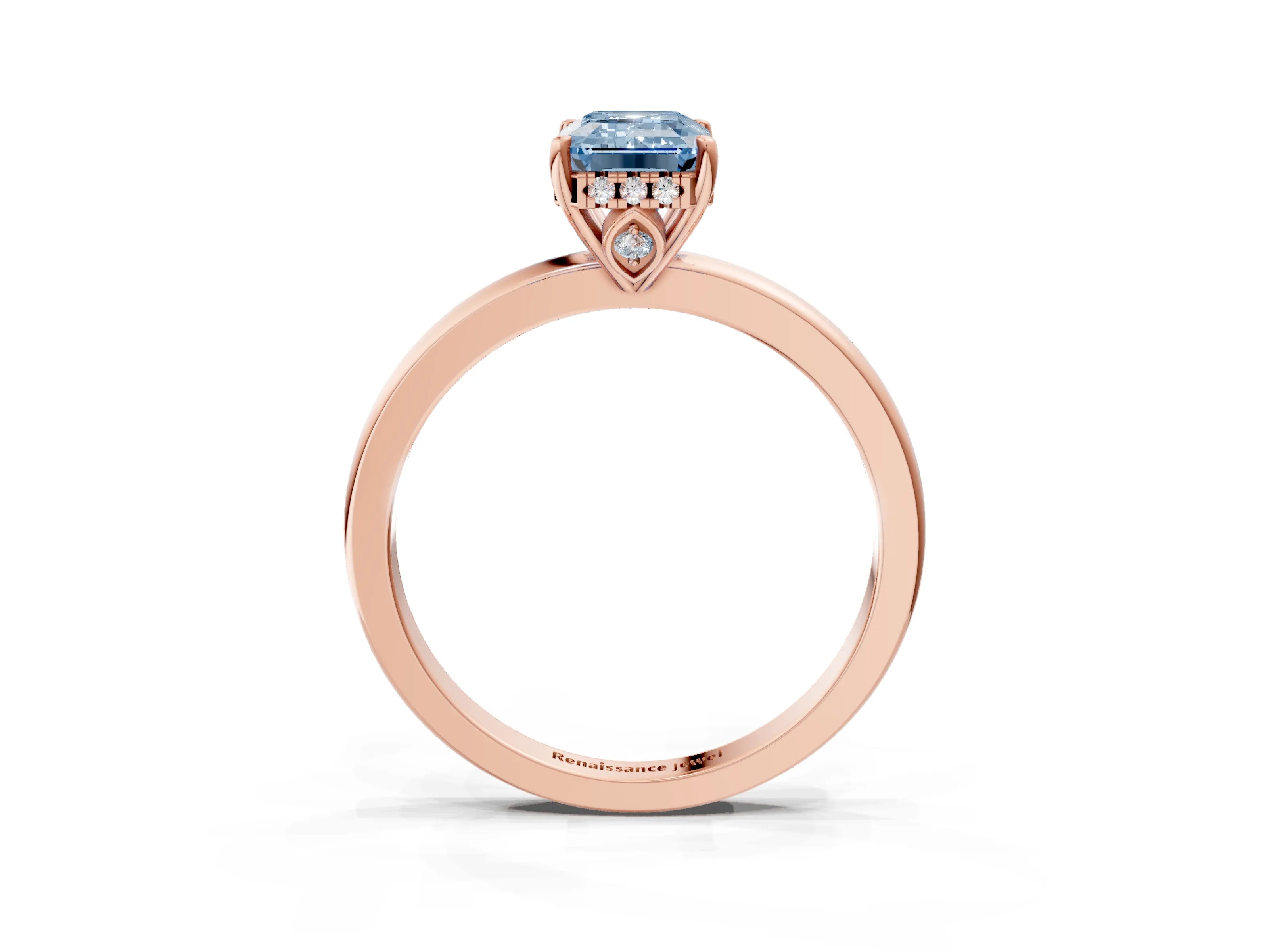 Rose gold Fancy Blue Emerald Cut Solitaire Diamond Ring with Prong Setting and Plain Band_3