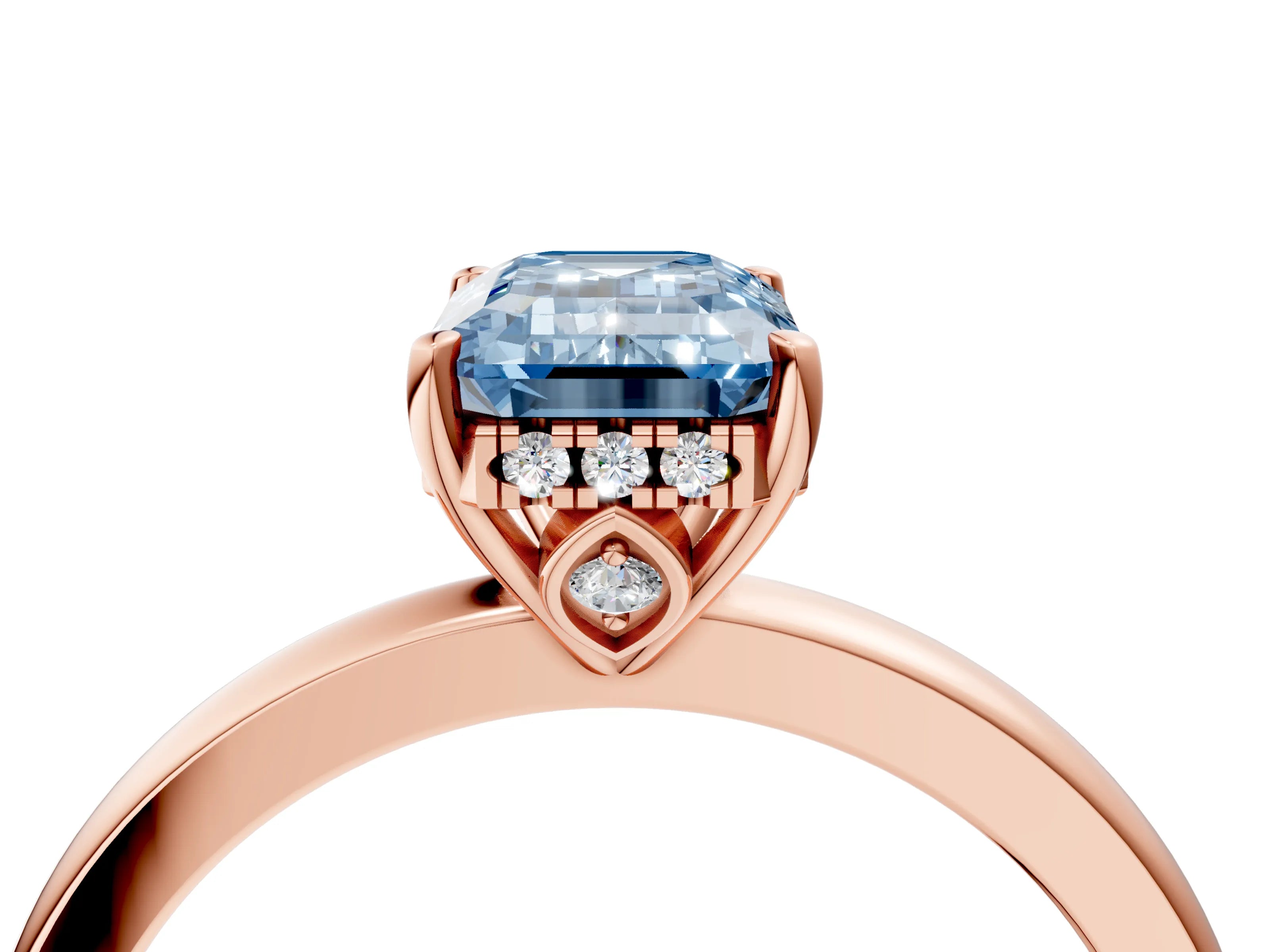 Rose gold Fancy Blue Emerald Cut Solitaire Diamond Ring with Prong Setting and Plain Band_4