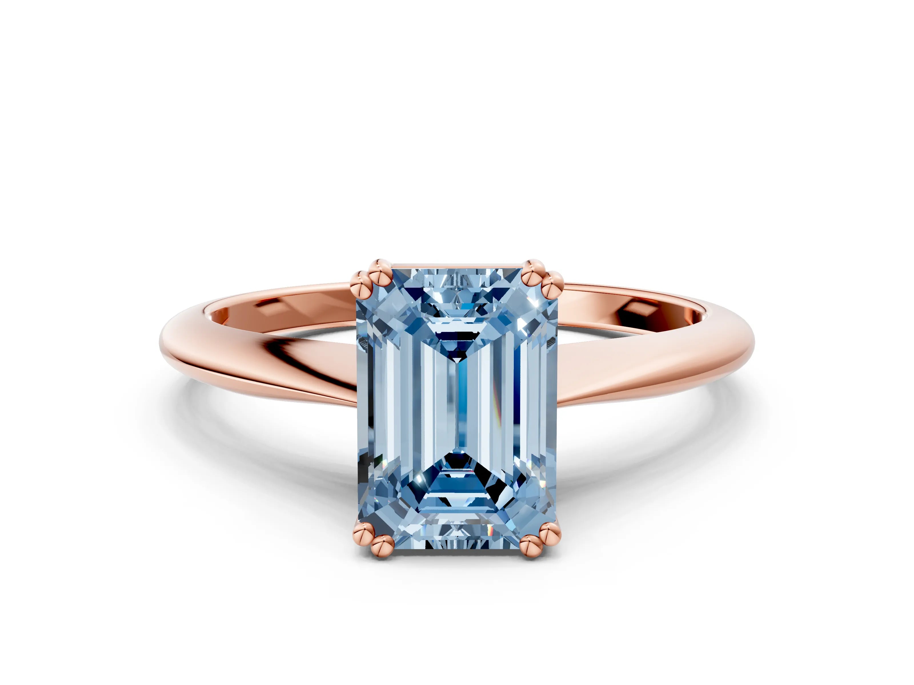 Rose gold Fancy Blue Emerald Cut Solitaire Diamond Ring with Six-Prong Setting and Classic Band