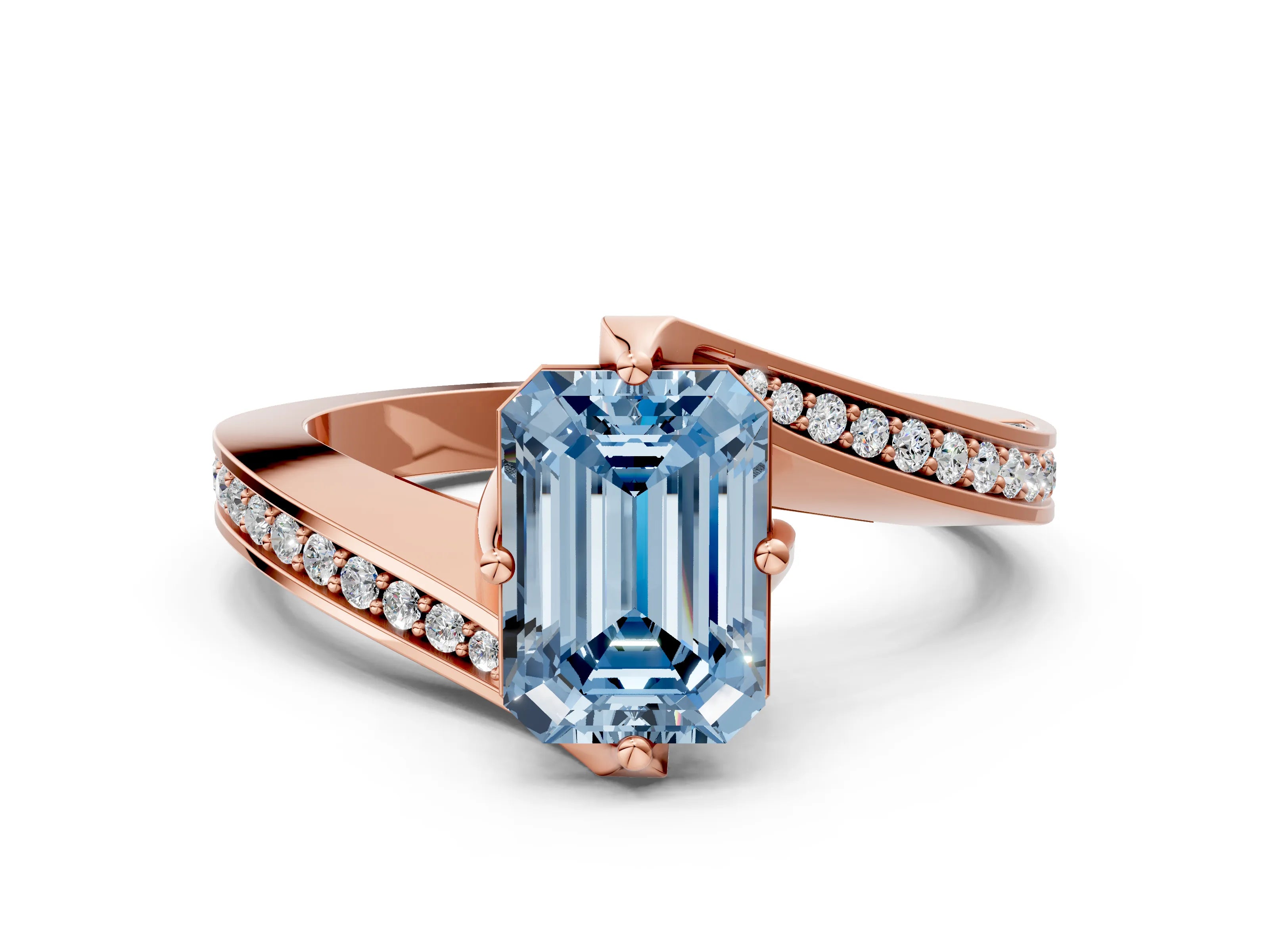 Rose gold Fancy Blue Emerald Cut Solitaire Diamond Twist Band with Pavé Setting and Four-Prong Setting