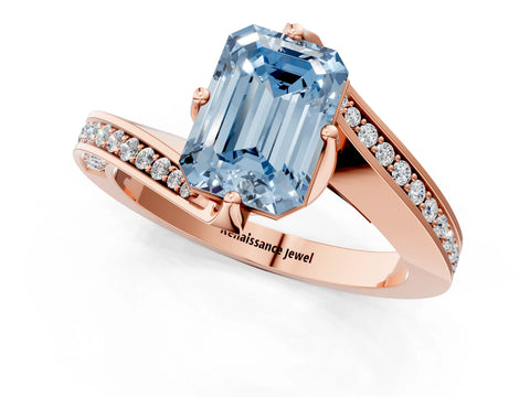 Rose gold Fancy Blue Emerald Cut Solitaire Diamond Twist Band with Pavé Setting and Four-Prong Setting_1