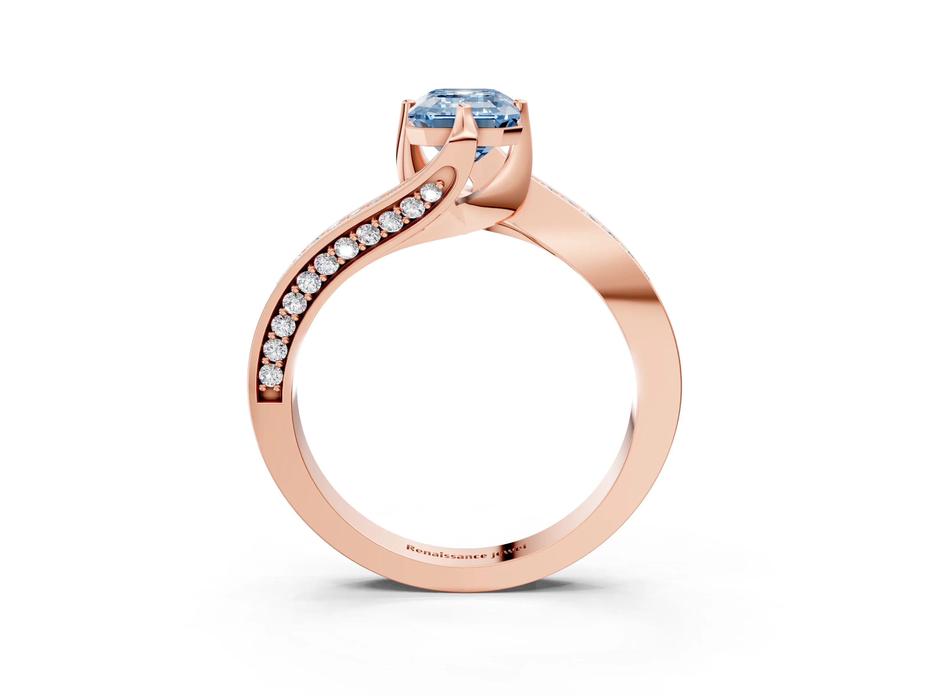 Rose gold Fancy Blue Emerald Cut Solitaire Diamond Twist Band with Pavé Setting and Four-Prong Setting_3