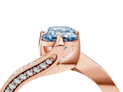 Rose gold Fancy Blue Emerald Cut Solitaire Diamond Twist Band with Pavé Setting and Four-Prong Setting_4