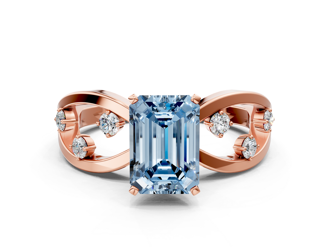 Rose gold Fancy Blue Emerald  Cut Solitaire Diamond with Side Stones on Criss-Cross Band and Four-Prong Setting_3