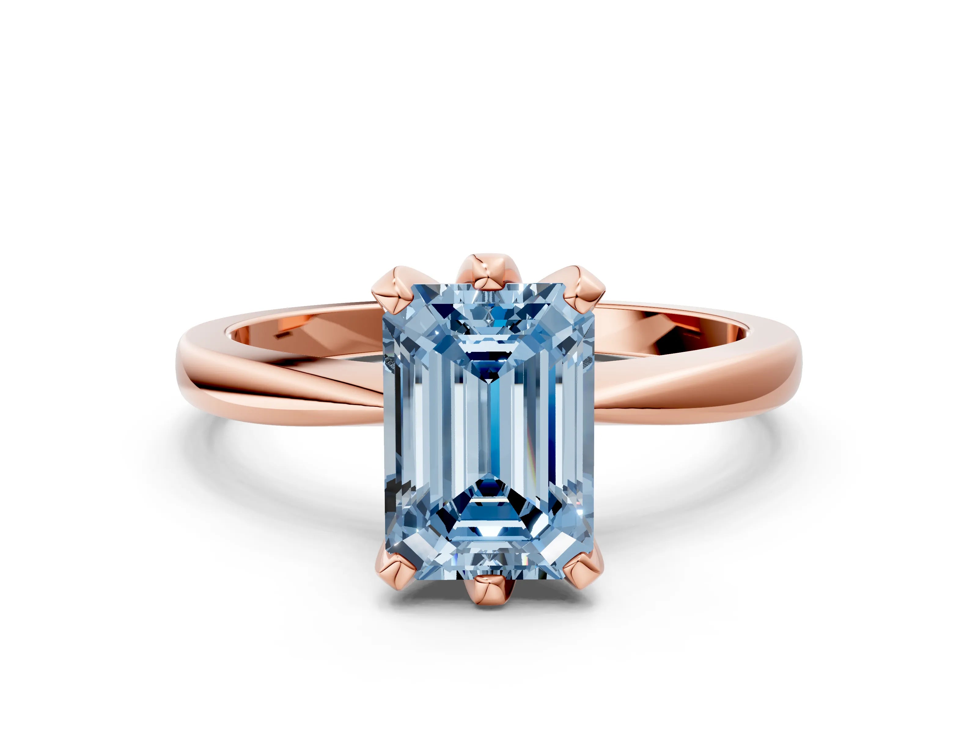 Rose gold Fancy Blue Emerald Cut Solitaire Engagement Ring with Six-Prong Setting and Tapered Band