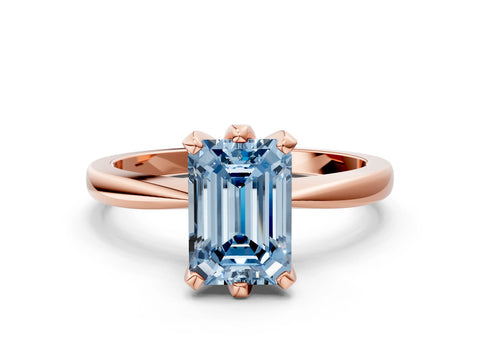 Rose gold Fancy Blue Emerald Cut Solitaire Engagement Ring with Six-Prong Setting and Tapered Band