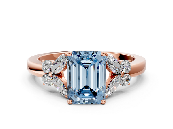 Rose gold Fancy Blue Emerald  Cut Solitaire Floral Diamond Ring with Four-Prong Setting