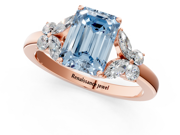 Rose gold Fancy Blue Emerald  Cut Solitaire Floral Diamond Ring with Four-Prong Setting