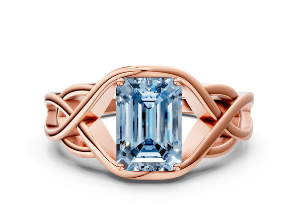 Rose gold Fancy Blue Emerald Cut Solitaire Intertwined Band Prong Setting Ring