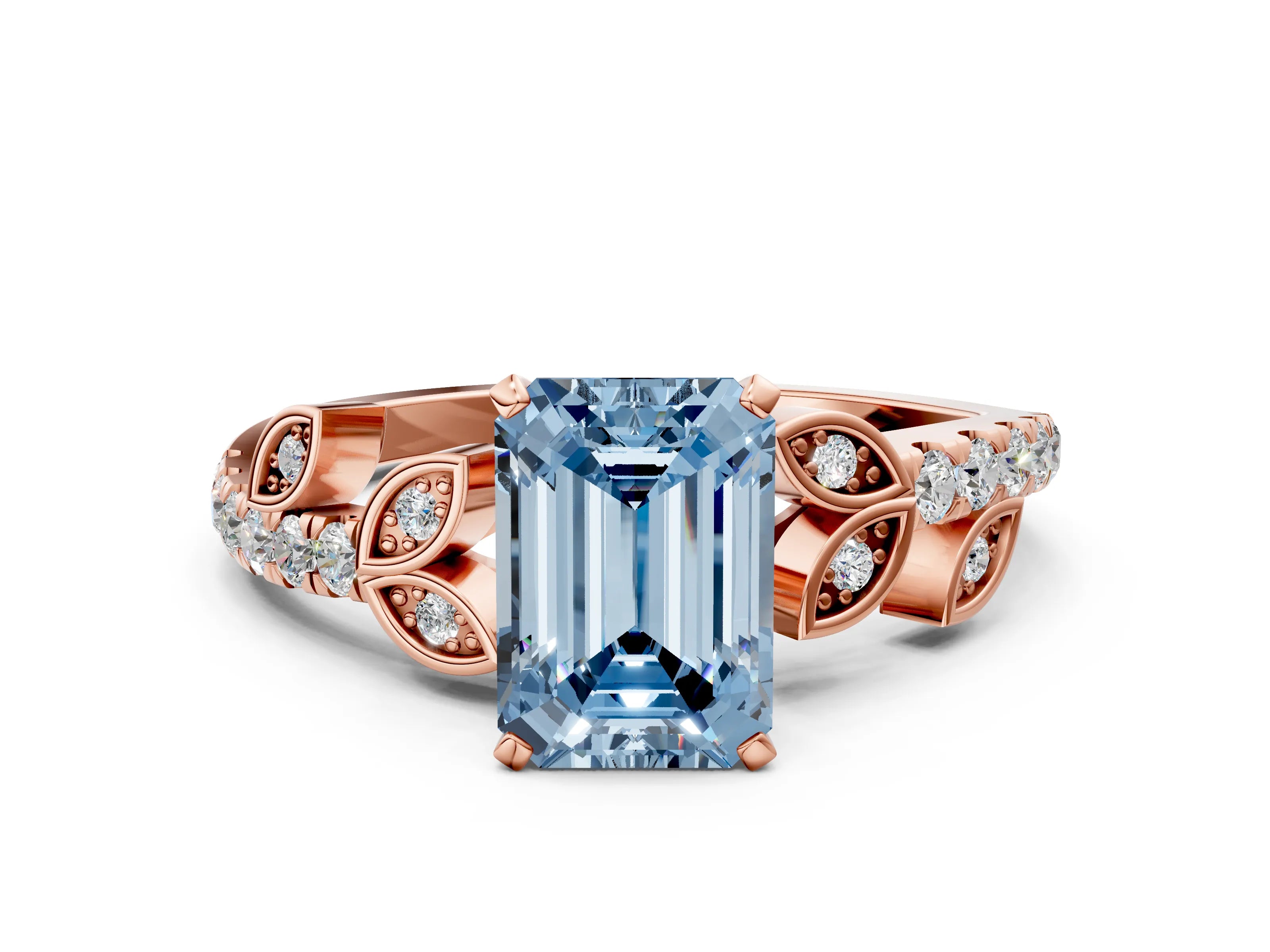 Rose gold Fancy Blue Emerald Cut Solitaire Leaf-Inspired Diamond Ring with Pavé Band and Four-Prong Setting