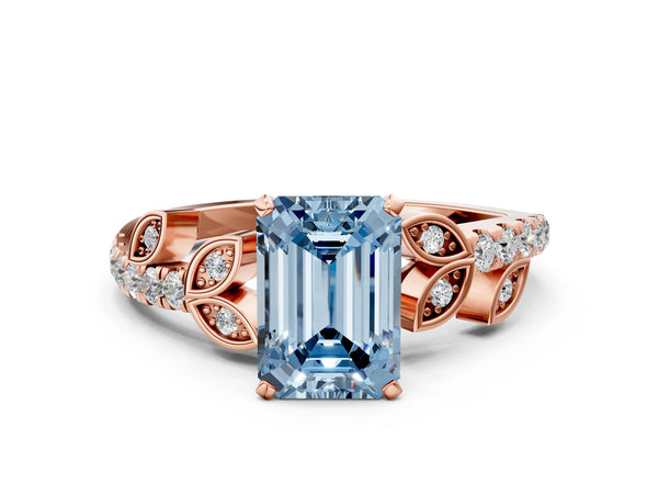 Rose gold Fancy Blue Emerald Cut Solitaire Leaf-Inspired Diamond Ring with Pavé Band and Four-Prong Setting