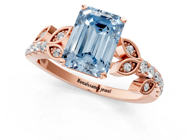 Rose gold Fancy Blue Emerald Cut Solitaire Leaf-Inspired Diamond Ring with Pavé Band and Four-Prong Setting