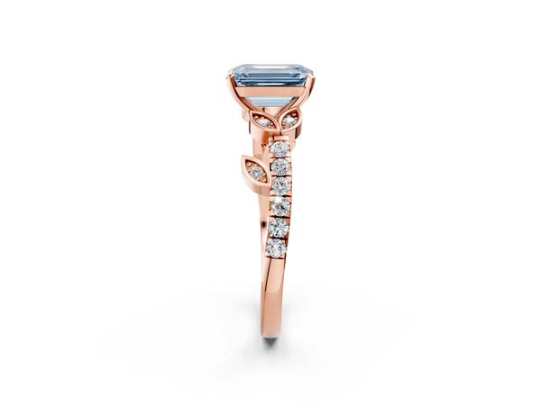 Rose gold Fancy Blue Emerald Cut Solitaire Leaf-Inspired Diamond Ring with Pavé Band and Four-Prong Setting