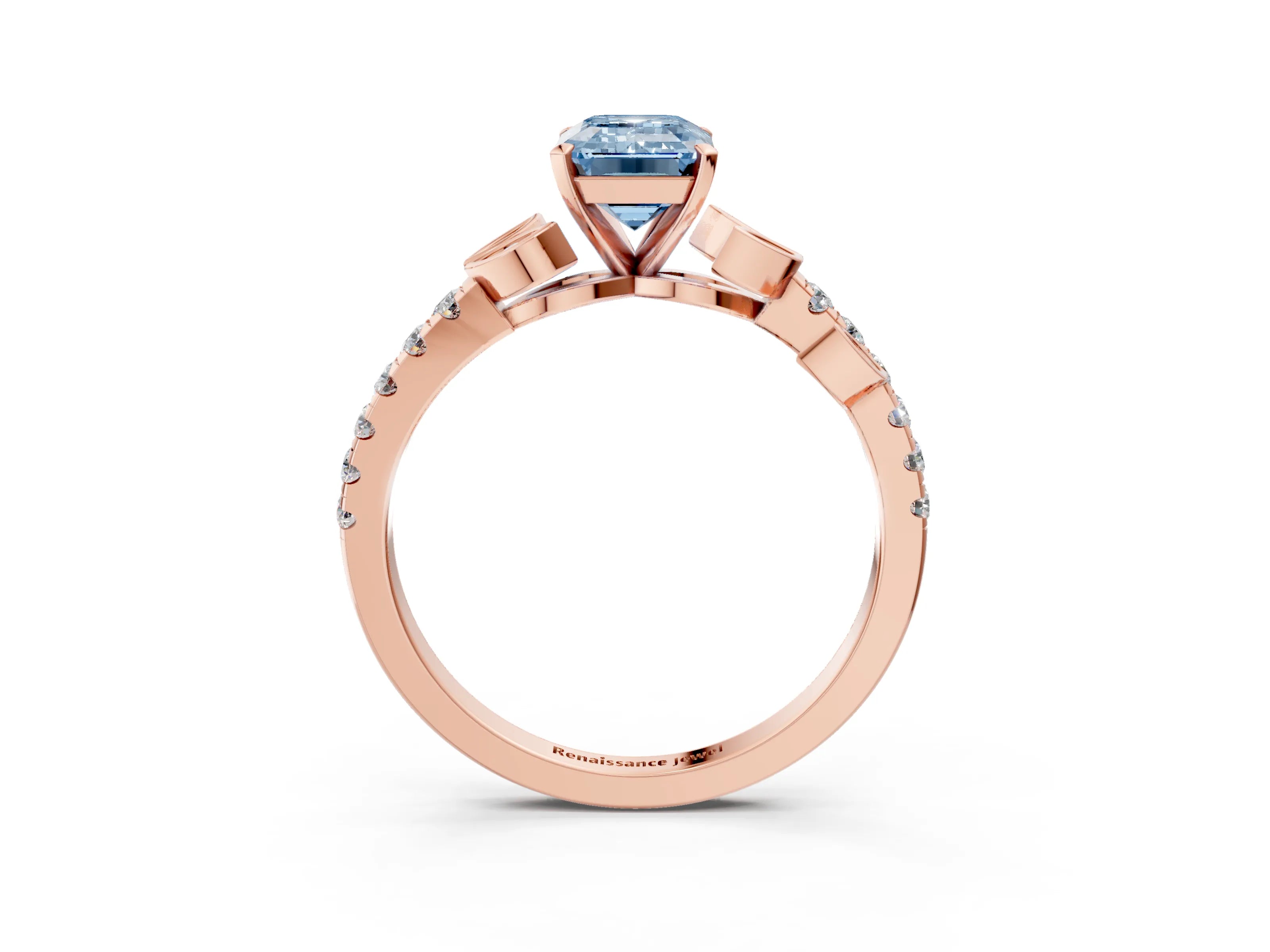 Rose gold Fancy Blue Emerald Cut Solitaire Leaf-Inspired Diamond Ring with Pavé Band and Four-Prong Setting_3