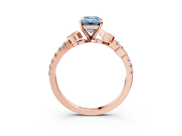 Rose gold Fancy Blue Emerald Cut Solitaire Leaf-Inspired Diamond Ring with Pavé Band and Four-Prong Setting