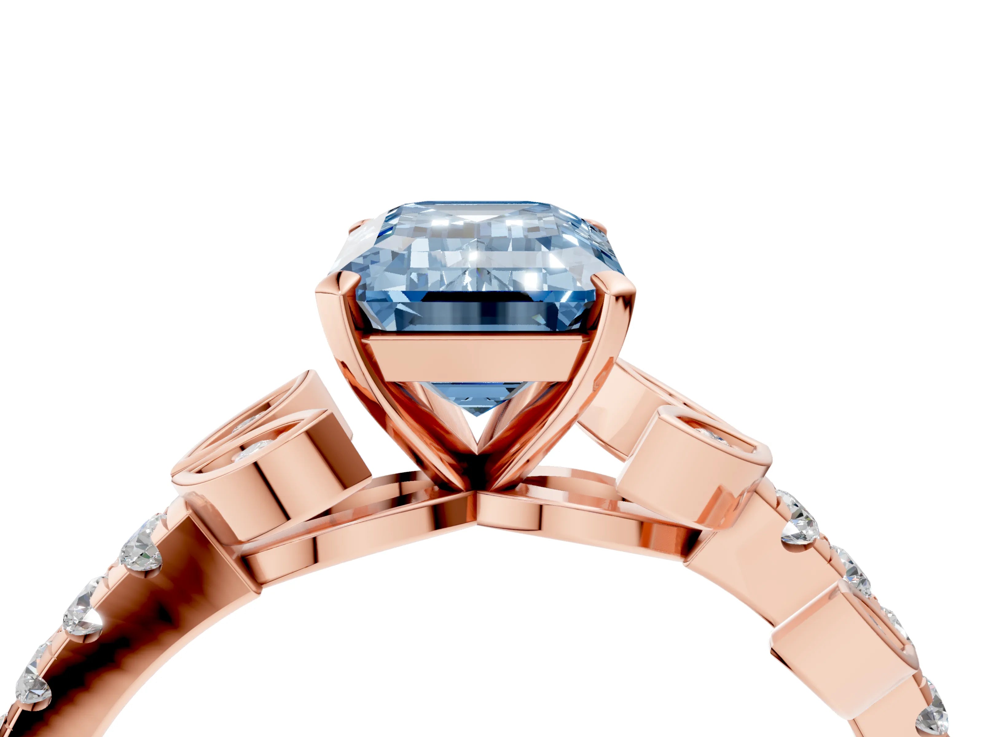 Rose gold Fancy Blue Emerald Cut Solitaire Leaf-Inspired Diamond Ring with Pavé Band and Four-Prong Setting_4
