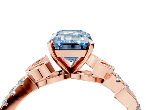 Rose gold Fancy Blue Emerald Cut Solitaire Leaf-Inspired Diamond Ring with Pavé Band and Four-Prong Setting_4