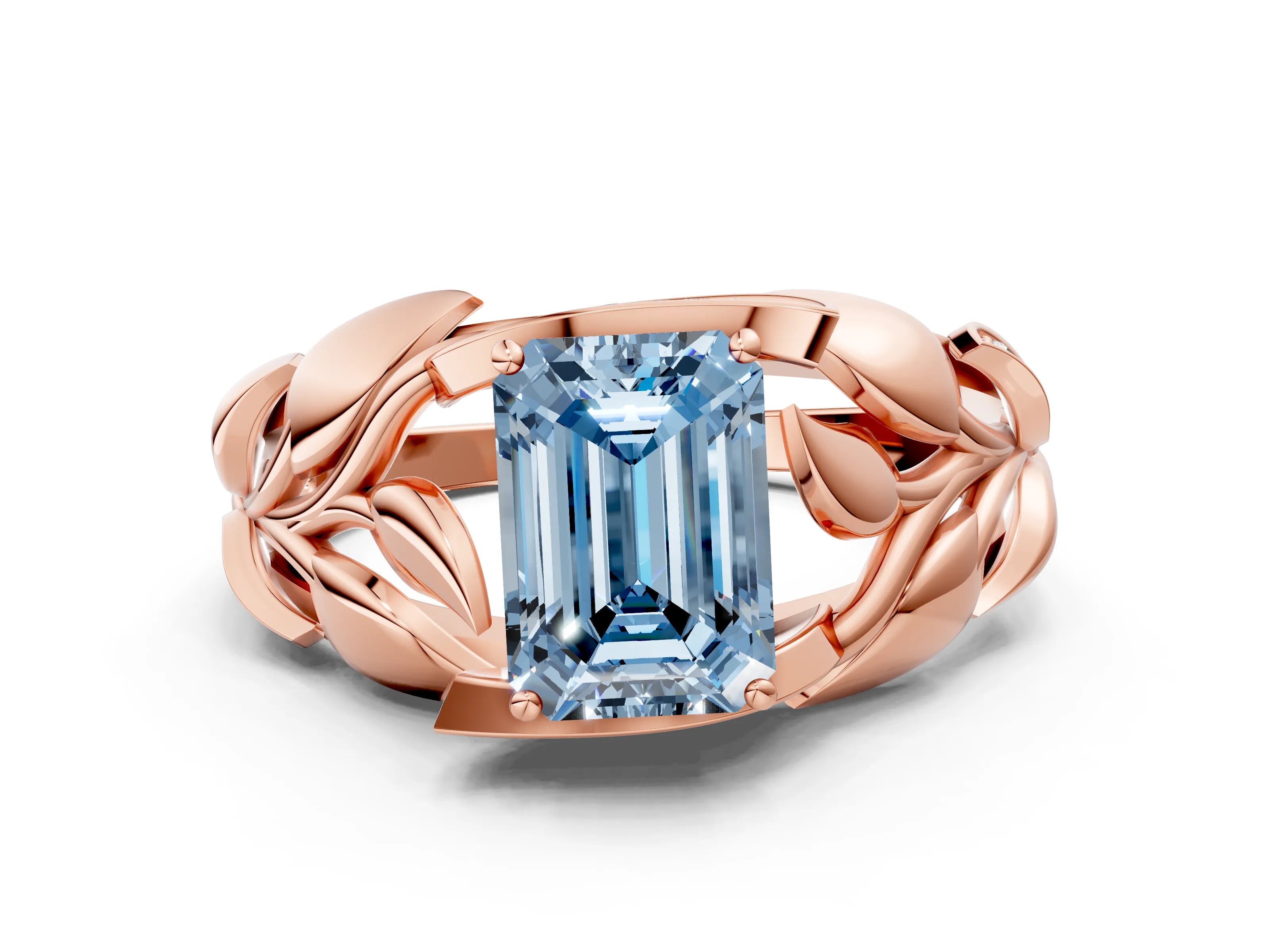 Rose gold Fancy Blue Emerald Cut Solitaire Leaf-Inspired Engagement Ring with Prong Setting
