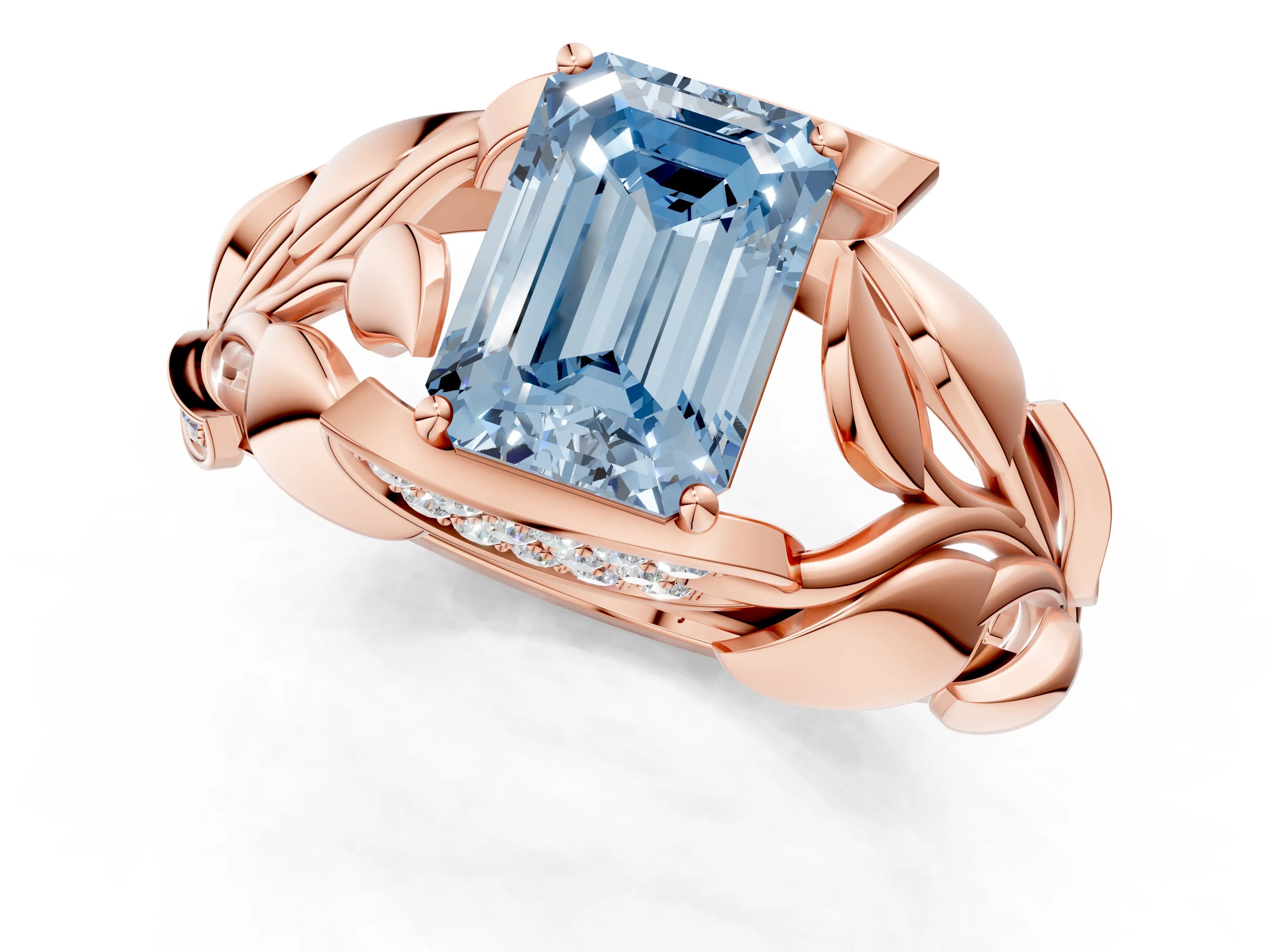 Rose gold Fancy Blue Emerald Cut Solitaire Leaf-Inspired Engagement Ring with Prong Setting_1