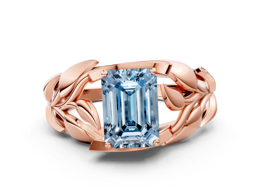 Rose gold Fancy Blue Emerald Cut Solitaire Leaf-Inspired Engagement Ring with Prong Setting_12