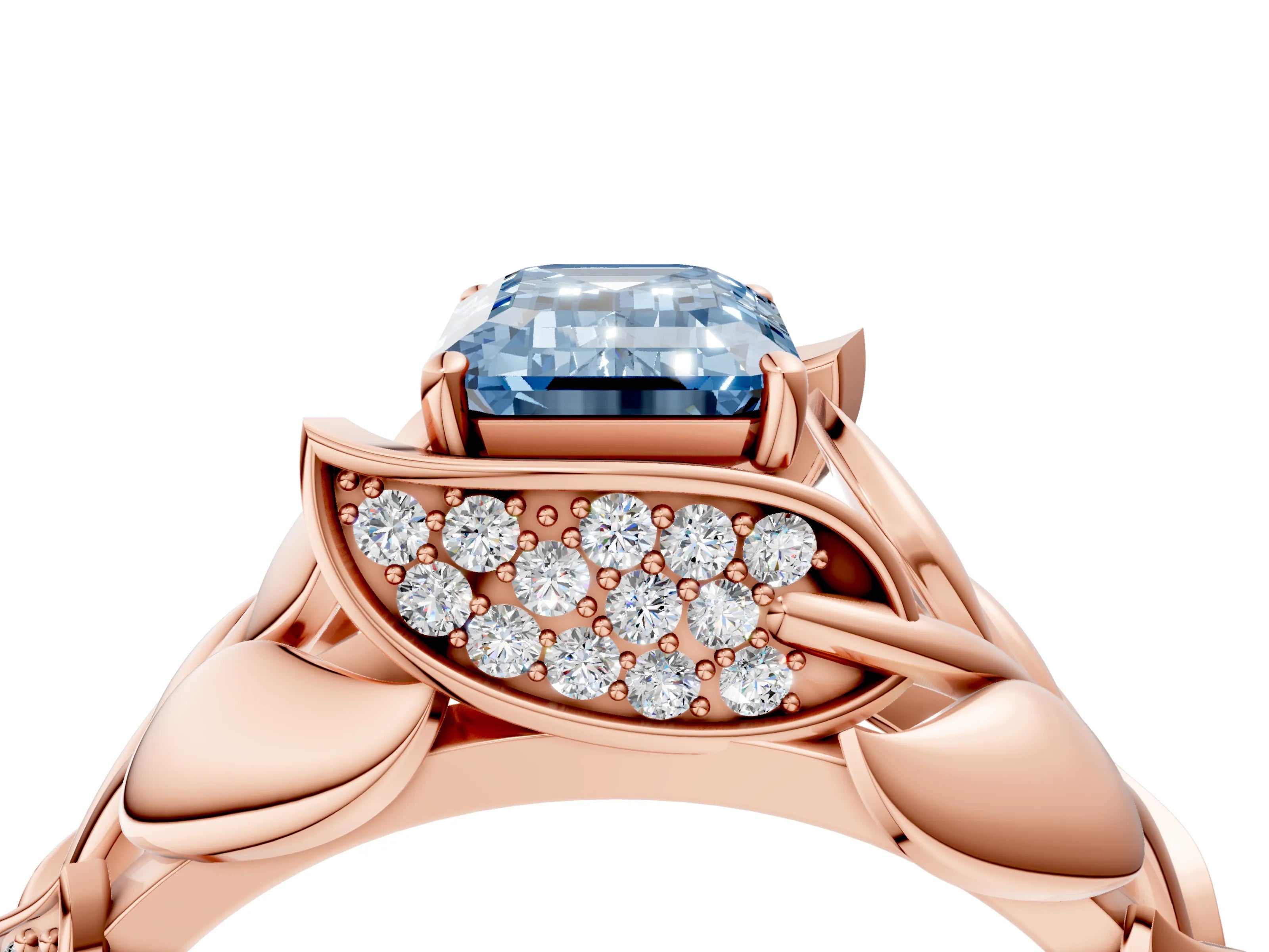 Rose gold Fancy Blue Emerald Cut Solitaire Leaf-Inspired Engagement Ring with Prong Setting_4