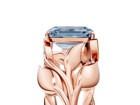 Rose gold Fancy Blue Emerald Cut Solitaire Leaf-Inspired Engagement Ring with Prong Setting_5
