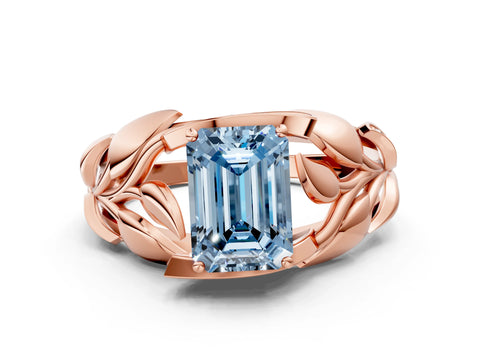 Rose gold Fancy Blue Emerald Cut Solitaire Leaf-Inspired Engagement Ring with Prong Setting