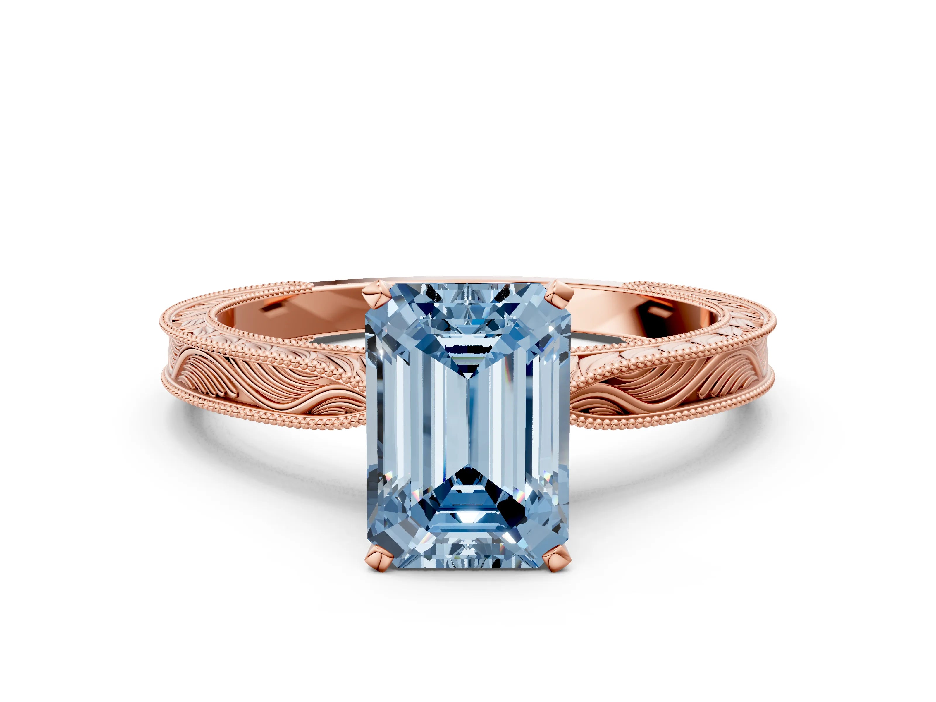 Rose gold Fancy Blue Emerald Cut Solitaire Milgrain Engraved Band with Four-Prong Setting