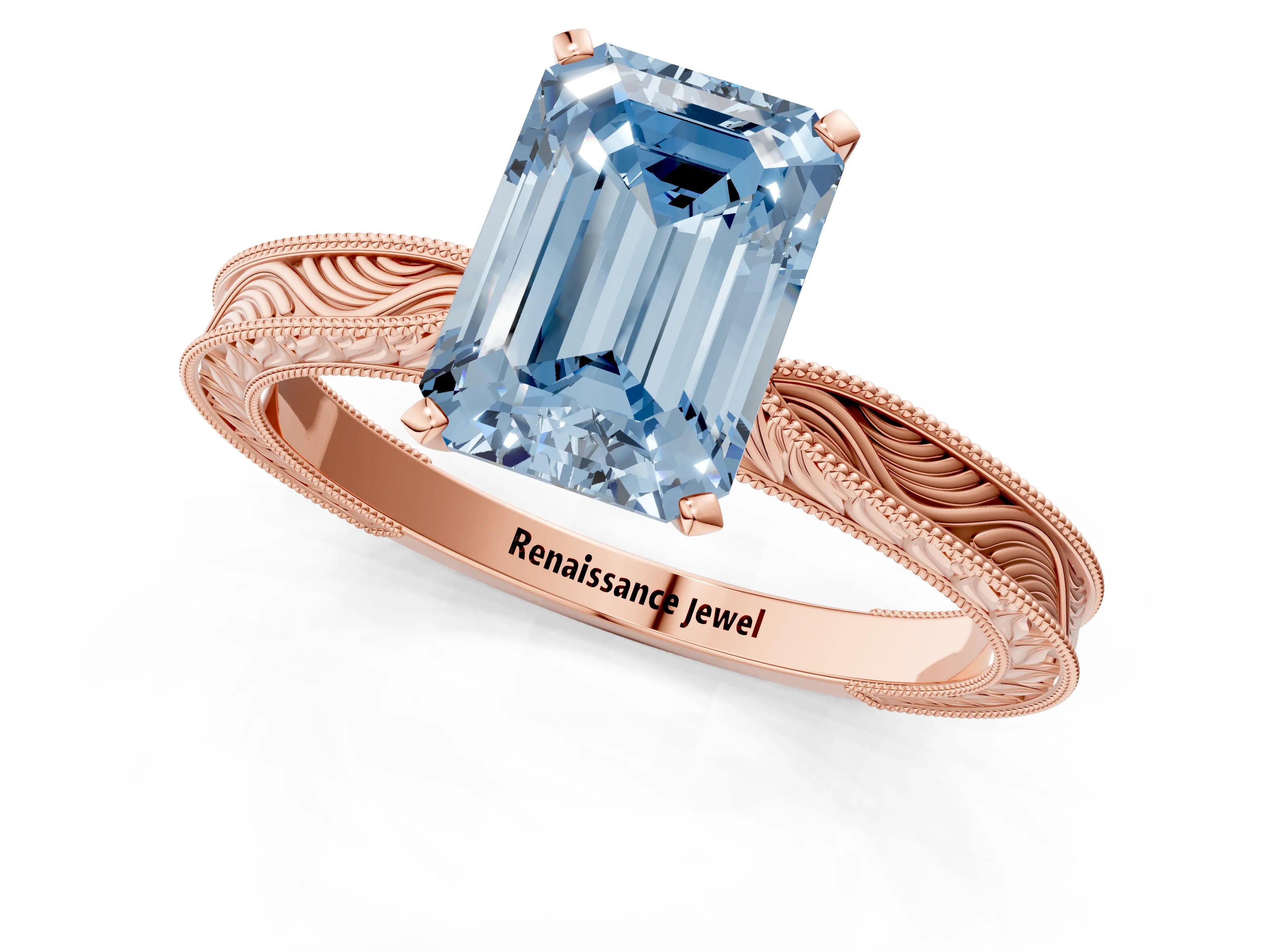 Rose gold Fancy Blue Emerald Cut Solitaire Milgrain Engraved Band with Four-Prong Setting_1