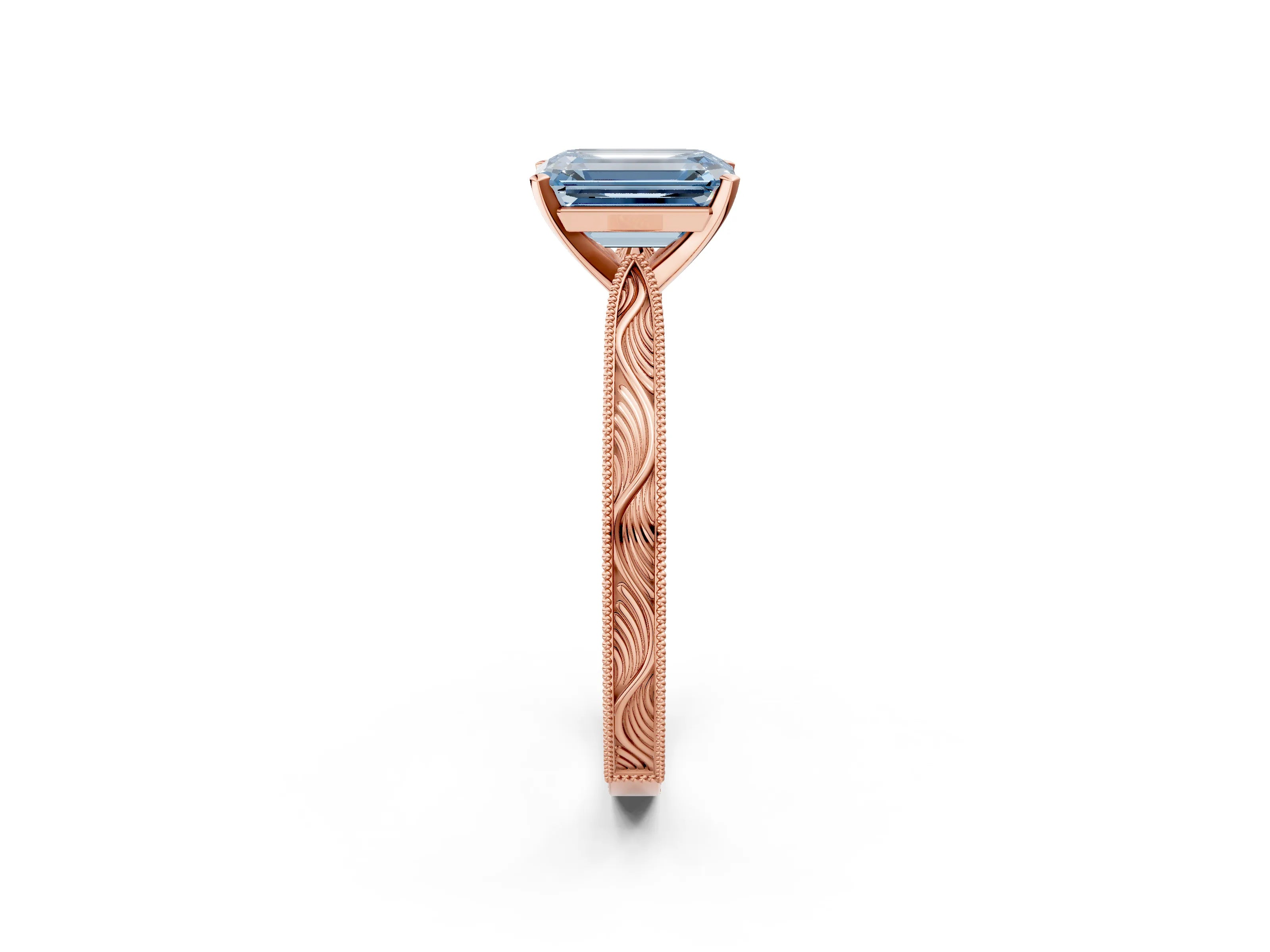 Rose gold Fancy Blue Emerald Cut Solitaire Milgrain Engraved Band with Four-Prong Setting_2