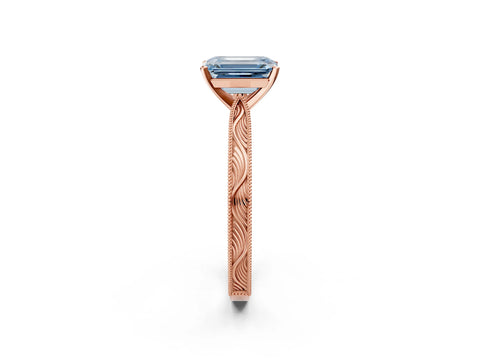 Rose gold Fancy Blue Emerald Cut Solitaire Milgrain Engraved Band with Four-Prong Setting_2