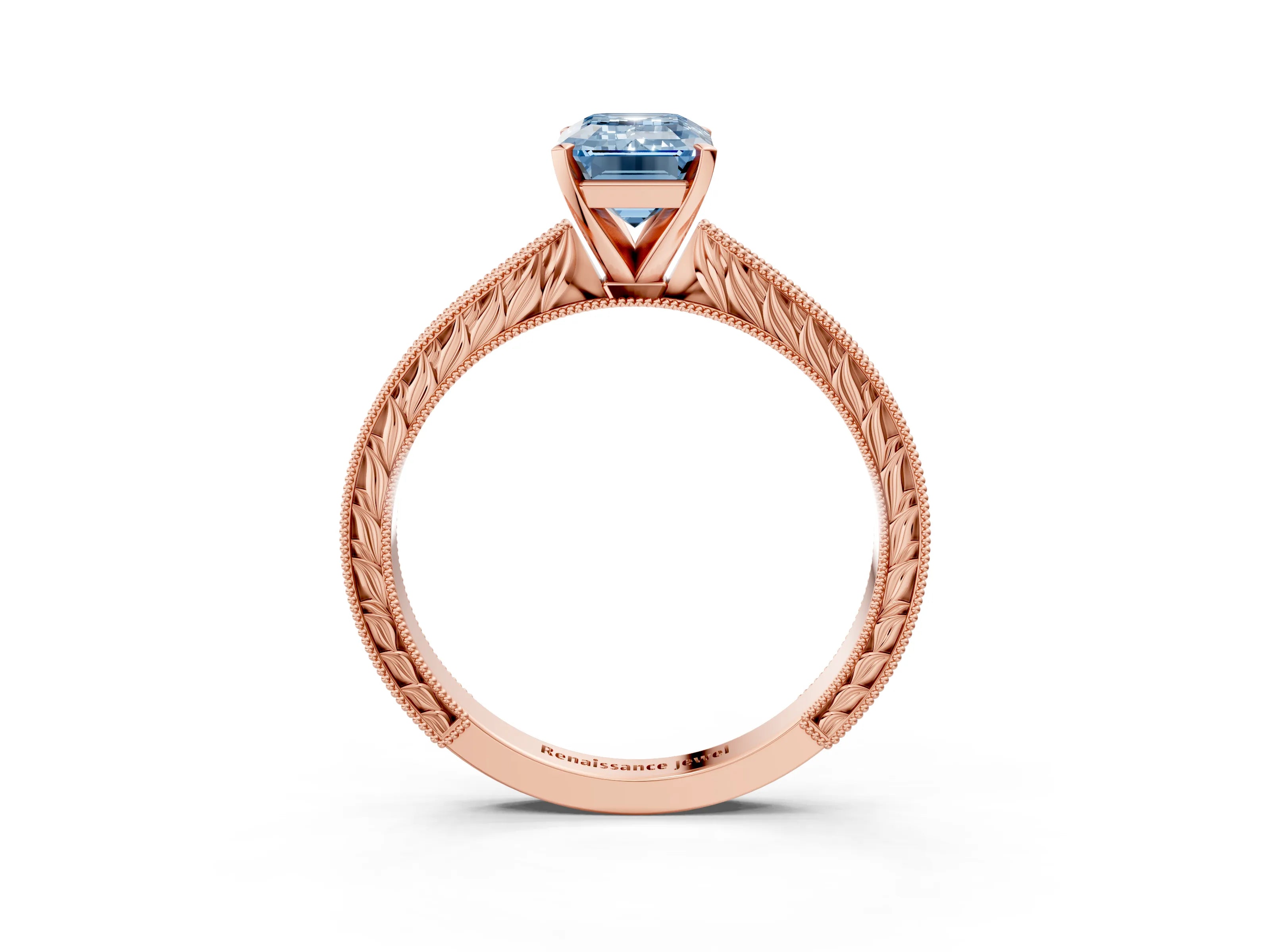 Rose gold Fancy Blue Emerald Cut Solitaire Milgrain Engraved Band with Four-Prong Setting_3