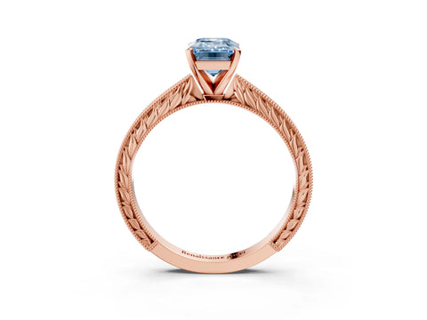 Rose gold Fancy Blue Emerald Cut Solitaire Milgrain Engraved Band with Four-Prong Setting_3