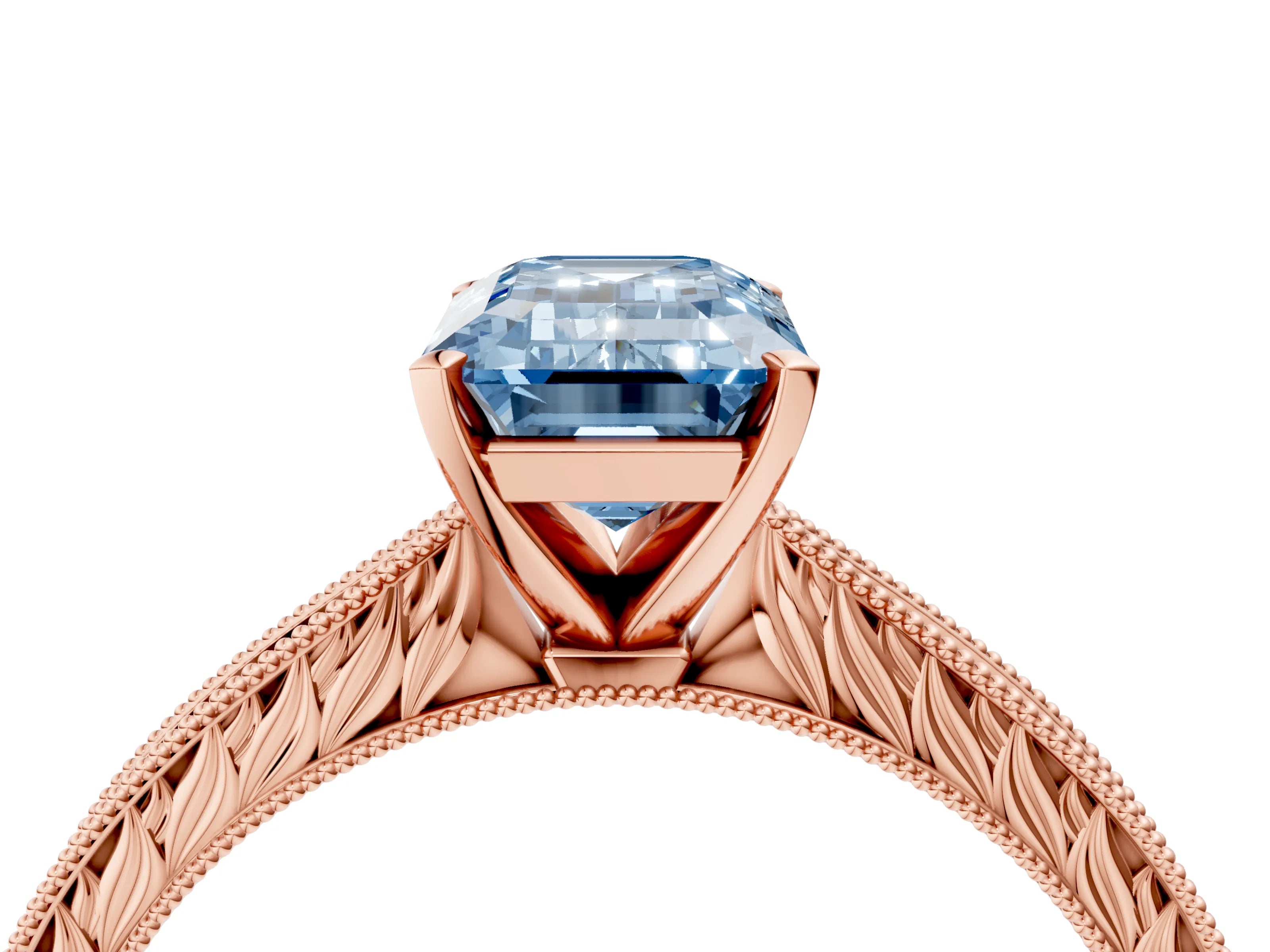 Rose gold Fancy Blue Emerald Cut Solitaire Milgrain Engraved Band with Four-Prong Setting_4
