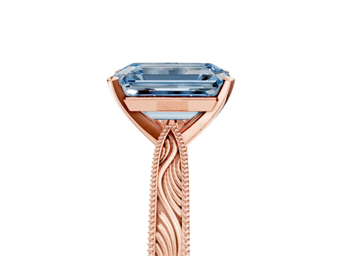 Rose gold Fancy Blue Emerald Cut Solitaire Milgrain Engraved Band with Four-Prong Setting_5